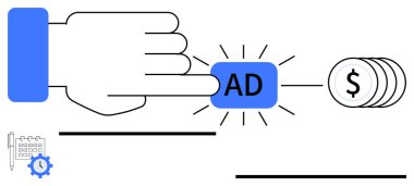 El, mavi reklam düğmesine tıklayarak yığılmış paralara ışık yayar. Dijital pazarlama, tıklama başına ödeme, e-ticaret, çevrimiçi gelir, reklam stratejisi, iş büyümesi, sade basit