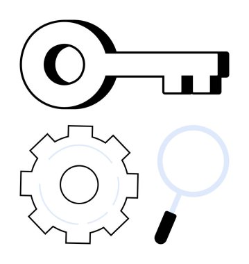 Büyük anahtar, teçhizat ve büyüteç güvenlik, ayarlar ve aramayı temsil ediyor. Teknoloji, siber güvenlik, araştırma, mekanik problem çözme için ideal basit iniş sayfası