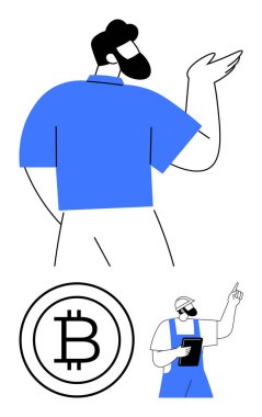 Kendine güvenen adam hareketi, tablet kullanan inşaat işçisi ve teknoloji, finans ve işi birleştiren Bitcoin ikonu. Yenilik, kripto para birimi, meslekler, takım çalışması dijital ekonomi için ideal