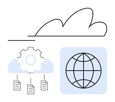 Belgelere bağlanan vites simgesi, mavi kutuda küresel bir küre. Teknoloji, bulut depolama, ağ, işbirliği, veri işleme, yenilik, düz basit metafor
