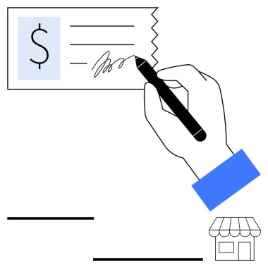 Dolar simgesi ve küçük perakende mağaza sembolüyle imza atmak için kalem kullanıyor. Finans, bankacılık, ödemeler, perakende, işlemler, iş, basit iniş sayfası için ideal