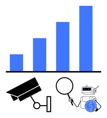 Mavi çizelge büyümeyi, güvenlik kamerasını, analiz için büyüteçleri ve maddi otomasyon için bozuk parası olan bir robotu sembolize ediyor. Veri, iş, ekonomi, teknoloji ve yapay zeka için ideal