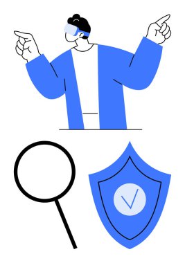 AR gözlüklü bir adam keşif gözlüğü, büyüteç, korunmayı simgeleyen işaretli bir kalkan. Teknoloji, yenilik, siber güvenlik, gelecek, keşif ve araştırma için ideal.