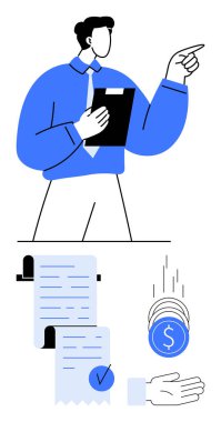 Bir pano tutarken profesyonelce işaret etmek, detaylı finansal belgeler, düşen nakit paralar ve açık bir avuç. Finans, iş, muhasebe, raporlama, yatırım para yönetimi için ideal