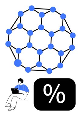 Moleküler ağ yapısı, dizüstü bilgisayar kullanan kişi ve bağlantı, analiz ve veriyi vurgulayan yüzde sembolü. Bilim, analitik, araştırma, yenilik teknolojisi eğitimi için ideal
