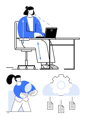 Elinde oklar olan kişi ergonomik duruş, dişli mekanizması, sürdürülebilir yaprak, kademeli dökümanlar gösteriyor. İş yeri verimliliği, sürdürülebilirlik, iş akışı optimizasyonu, çevre dostu