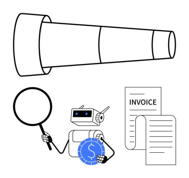 Robot faturayı büyüteçle inceleyip bozuk para sembolü tutuyor. Finans, yapay zeka analizi, muhasebe, otomasyon, ödeme denetimi, fatura denetimi için ideal. Basit düz metafor