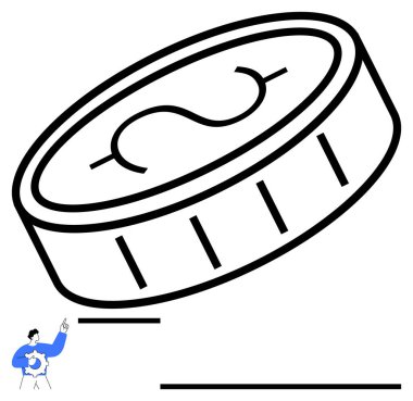 Büyük boy madeni para, öne doğru eğilmiş, küçük adam yukarıya bakıyor, altı çizili. Finans, yatırım, tasarruf, ekonomi, gelir maddi değeri için idealdir. Düz basit metafor