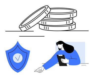 Para yığını, güvenlik işaretli mavi kalkan, ve profesyonel tutuş panosu. Finans, yatırım, koruma, planlama, güven, sigorta sade iniş için ideal