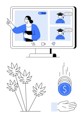 Bilgisayar ekranında canlı etkileşimle çevrimiçi öğretim, madeni paralar bir ele düşer ve bitkiler filizlenir. Eğitim, e-öğrenim, büyüme, yatırım, finansman, sürdürülebilirlik için ideal basit