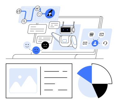 Chatbot kullanıcılarla etkileşim halinde, geri besleme, bağlı navigasyon elemanları ve analitik çizelgesi. İletişim, müşteri desteği, veri analizi, yapay zeka, otomasyon geribildirim pazarlaması için ideal