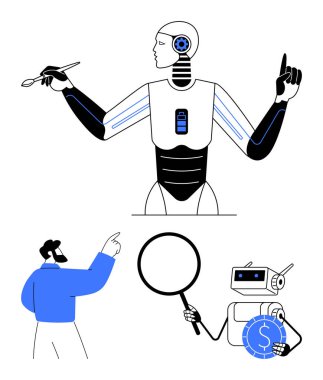 Robot kalem ve el kol hareketi, büyüteçli insansı robot, insan göstergesi, dişli ve dolar işaretli robot. Yapay zeka, teknoloji, yenilik, araştırma, otomasyon takım çalışması için ideal