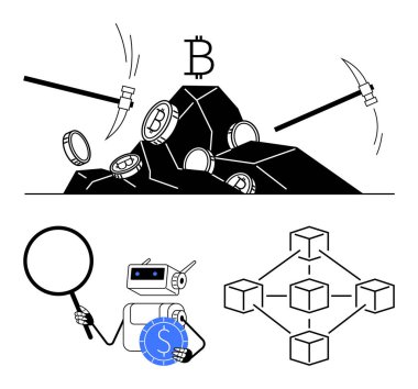 Kayalardan bozuk para çıkaran kazmalar, büyüteçle büyüten robotlar madeni paraları analiz eden engelleme küpleri. Kripto para birimi, engelleme zinciri, yapay zeka, fintech, dijital ekonomi veri güvenliği yeniliği için ideal. Düz