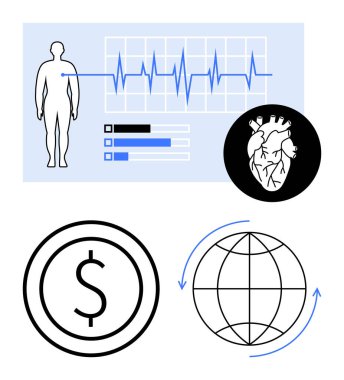 Kalp atışı grafiği olan insan figürü, anatomik kalp çizimi, para birimi işareti ve küresel değişim sembolü. Sağlık teknolojisi, fintech, veri analizi, küresel ticaret, ekonomi bilimi için ideal