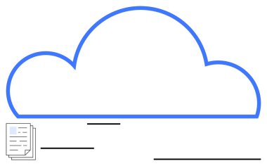 Yığılmış belge ve veri akışını temsil eden, depolama ve paylaşmayı ima eden çizgilerle dolu büyük mavi bulut ana hatları. Teknoloji, çevrimiçi araçlar, veri transferi, yenilik, bağlantı, dijital depolama için ideal