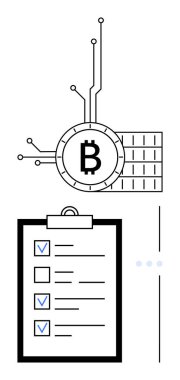 İşaretli görevleri olan bir kontrol listesine bağlı devre çizgileri olan dijital Bitcoin. Kripto para birimi, engelleme zinciri, mali planlama, fintech, dijital para birimi, yatırım stratejileri için ideal