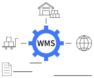 WMS etiketli merkezi mavi dişliler depo, dünya, dokümanlar ve tedarik elemanlarına bağlanıyor. Lojistik, verimlilik, dijitalleşme, otomasyon envanter yönetim tedarik zinciri için ideal. Düz basit