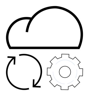 Senkronizasyon için dairesel okla özetlenmiş bulut şekli, otomasyon kavramları için bir çark eşliğinde. Teknoloji, yenilik, depolama, iş akışı, yazılım, süreç, basit iniş için ideal