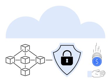 Blockchain düğümlü bulut, kilidi olan kalkan, el altına düşen madeni paralar. Bulut güvenliği, engelleme teknolojisi, çevrimiçi ödemeler, veri koruması, dijital varlıklar, basit iniş sayfası için ideal