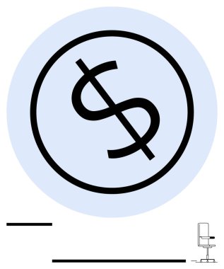 Çemberin içindeki dolar işaretleri hiçbir maliyet ya da para karşıtı konsepti göstermiyor. Basit çizgiler ve ofis sandalyesi modern verimliliği gösteriyor. Konseptler için ideal finans ve ekonomi