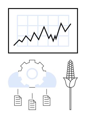 Tarım analitiğini, teknoloji entegrasyonunu, veri yönetimini gösteren yükselen çizelge, teçhizat, bulut, belge ve ekin bitkisi. Çiftçilik ve tarım sürdürülebilirlik yeniliği için ideal