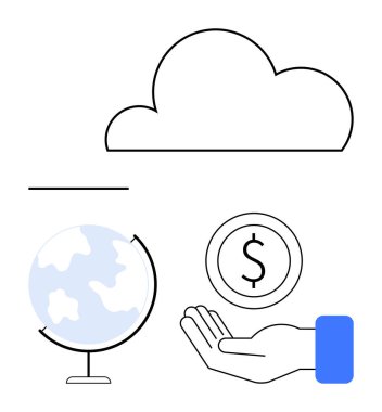 Bulut, küre, el ele tutuşan madeni paralar küresel ekonomiyi, teknolojiyi, çevreyi temsil ediyor. İş, finans, hayır, eğitim sürdürülebilirlik teknolojisi için ideal basit iniş sayfası