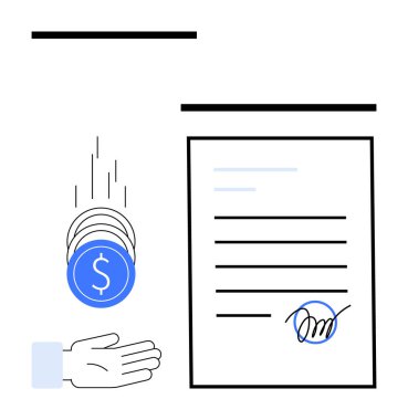 İmzalanmış sözleşmenin yanında bozuk para yakalamak. Finans, bankacılık, hukuk, yatırım, maaş, ödeme, müzakere ve basit iniş sayfası için ideal