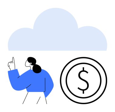 Mavili kadın bir dolar işaretinin yanındaki büyük bulutu işaret ederek dijital, finansal ya da bulut hesaplama kavramlarını sembolize ediyor. Teknoloji, iş, finans, yenilik, ekonomi tasarrufu için ideal