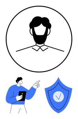 Dairesel bir çizginin içindeki profil avatarı, işaretli kalkanı işaret eden tabletli kişi. Güvenlik, kimlik, teknoloji, rehberlik, güven, internet güvenliği için ideal