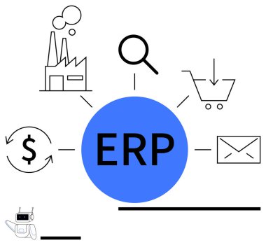 Merkezdeki ERP fabrika, arama, alışveriş arabası, para, e-posta, otomasyon elemanları ile bağlantılı. İş süreci, tedarik zinciri, veri entegrasyonu otomasyon e-ticaret basit finansmanı için ideal