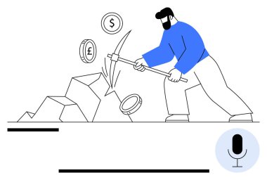 Adam taş çıkarmak için kazma kullanıyor, para sembolleri bırakıyor, dolarları parmakla işaretliyor ve madeni paraları basıyor. Finans, zenginlik, yatırım, madencilik, teknoloji, kripto para birimi ekonomi temaları için idealdir. Düz basit