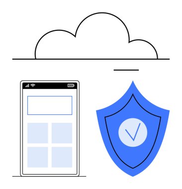 Bulut elementinin altında kontrol işareti olan bir kalkanın yanındaki akıllı telefon arayüzü. Güvenlik, veri koruması, bulut bilgisayarı, mobil uygulamalar, teknoloji, güvenlik, basit iniş sayfası için ideal