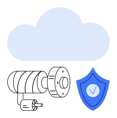 Bir kalkan ve bulutun yanındaki kamera uzaktan izleme, veri koruması ve siber güvenliği vurguluyor. Güvenlik sistemleri için ideal, bulut depolama, teknoloji, güvenlik, gizlilik, koruma sade iniş