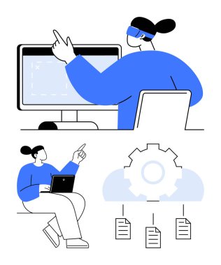 Kadın figürü VR kulaklık ve dizüstü bilgisayar kullanarak bulut depolama ve vites grafikleriyle etkileşime geçiyor. Teknoloji, yenilik, uzak çalışma, bulut hesaplama, dijital öğrenme, veri yönetimi için ideal