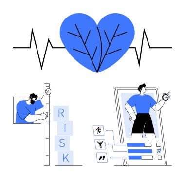 Kalp atışı monitörü, risk ölçüm blokları, mobil uygulamalarda fitness izleme. Sağlık, sağlık izleme, fitness ipuçları, tıbbi farkındalık, sağlıklı yaşam tarzı, sağlık teknolojisi sade iniş sayfası için ideal