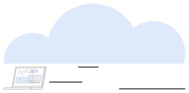 Çevrimiçi depolamayı, bilgisayarı ve teknolojik bağlantıyı sembolize eden dev bir bulut arkaplanına yerleştirilmiş analitik verileri gösteren dizüstü bilgisayar. Teknoloji, bulut, ağ, veri yönetimi için ideal