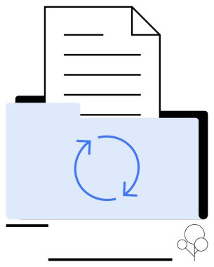 Yeniden yükleme okları içeren klasör veri yönetimini, senkronizasyonu, paylaşımı, yedeklemeyi, güncellemeleri, işbirliğini ve ağ verimliliğini sembolize eder. İş akışı ve organizasyon depolama için ideal