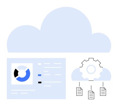 Analitik gösterge paneli olan bulut grafiği, ayarları sembolize eden ekipman ve bulut dosya depolamasını öneren belgeler. Bulut hesaplama, büyük veri, analitik, otomasyon, iş akışı, depolama dijital için ideal