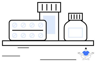 İlaç paketleri, kavanozlar ve şişeler düzenli raflarda dizilmiş bütünsel sağlık konsepti için meditasyon figürleriyle eşleştirilmiş. Sağlık, eczane, kişisel bakım, denge ve farkındalık için ideal