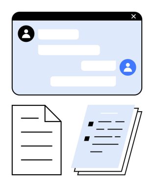 Tek bir sayfanın yanında metin baloncukları ve kullanıcı simgeleri olan sohbet penceresi ve istiflenmiş belgeler. İşbirliği, mesajlaşma, iletişim, planlama, belgeleme, takım çalışması, bilgi paylaşımı için ideal