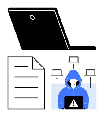 Kapüşonlu bilgisayar korsanı uyarı simgesi, bağlı sistemler, belge ve aygıt elemanları kullanıyor. Siber güvenlik, veri sızıntısı, hackleme, mahremiyet, çevrimiçi güvenlik riski benzetmesi için ideal.