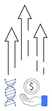 Yukarı bakan üç ok büyümeyi gösteriyor. Bilim için DNA ipliği, finans için madeni para ile uzatılmış el ve büyüme odaklı yenilik içerir. Bilim, finans, ilerleme ve teknoloji için ideal
