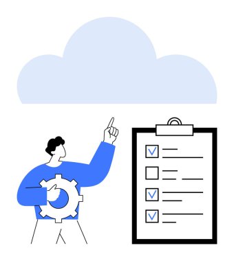 Elinde teçhizat tutan, bulutu işaret eden bir adam, yanında da bir kontrol listesi panosu. Teknoloji, üretkenlik, organizasyon, bulut hesaplama, görev yönetimi, iş akışı optimizasyonu için ideal basit iniş