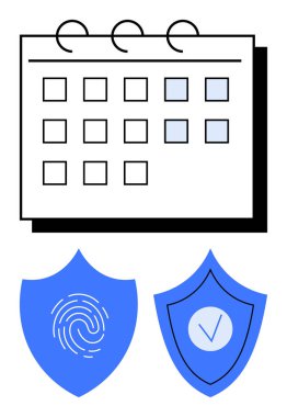 Vurgulanmış tarihli takvim ve parmak izi güvenlik ve onayını temsil eden iki mavi kalkan. Zamanlama, gizlilik, dijital koruma, görev yönetimi, zaman izleme ve güvenlik için ideal