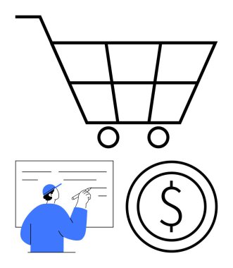 E-ticaret için alışveriş arabası, para için dolar parası, gemide beyin fırtınası yapan biri. Finans, çevrimiçi satış, perakende, bütçe, planlama, strateji için ideal basit iniş sayfası