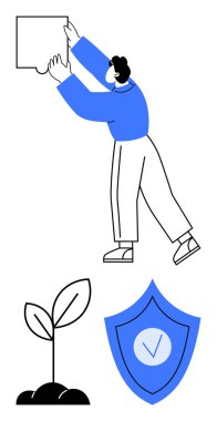 Yapboz parçası, yeşil bitki filizi ve işaretli kalkan ekleyen kişi. Sürdürülebilirlik, takım çalışması, problem çözme, büyüme, güvenlik, yenilik için ideal basit iniş sayfası