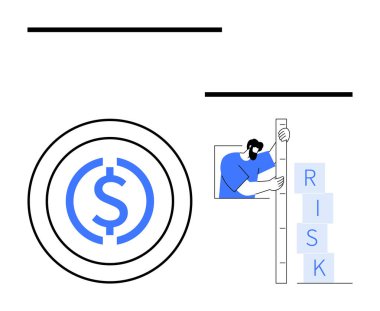 Dolar para birimi sembolü, üst üste yığılmış RISK bloklarını değerlendirmek için cetvel kullanan bir adamla eşleştirildi. Finans, yatırım planlaması, iş stratejisi, risk yönetimi, veri analizi ve ekonomi için ideal