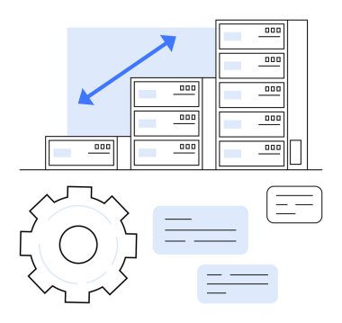 Sunucu yığınları boyut olarak artıyor, yukarı doğru grafikler, ayarlar ve yüzen metin kutuları. Teknoloji, ölçeklenebilirlik, yenilik, bilişim yönetimi, veri çözümleri bulut depolama ve basit iniş için ideal