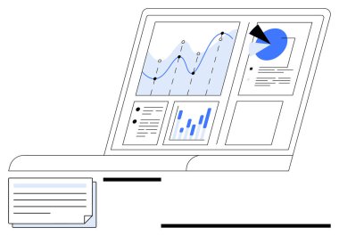 Çizgi çizelgesi, pasta grafiği ve çubuk grafiği olan analizleri gösteren dizüstü bilgisayar. Metin panelleri ve cihazın yanında bir belge içerir. Üretkenlik, analiz, raporlama ve iş stratejisi için ideal