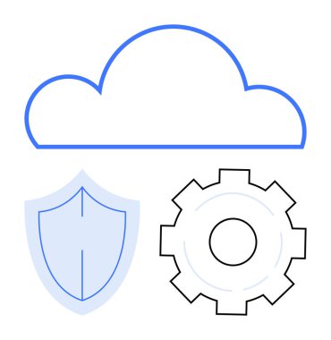 Bulut çizgisi, güvenlik kalkanı ve ayarlar için teçhizat. Teknoloji, bulut hesaplama, siber güvenlik, yazılım yönetimi, veri depolama, bilişim çözümleri, basit iniş sayfası için ideal